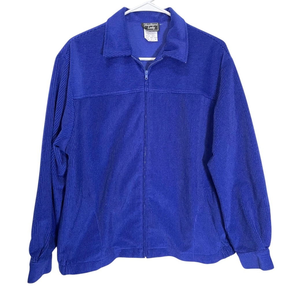 Southern Lady L Blue Zip Front Jacket‎ Ribbed Knit Collared Retro GrandmaCore